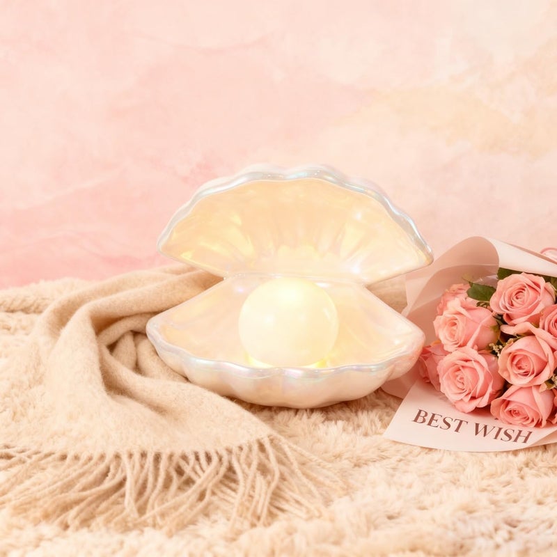 IMIKEYA Ceramic Shell Pearl Light, White LED Clam with Pearl Light in Shell Lamp for Tabletop Decoration, Souvenir, Birthday Gift - Image 4